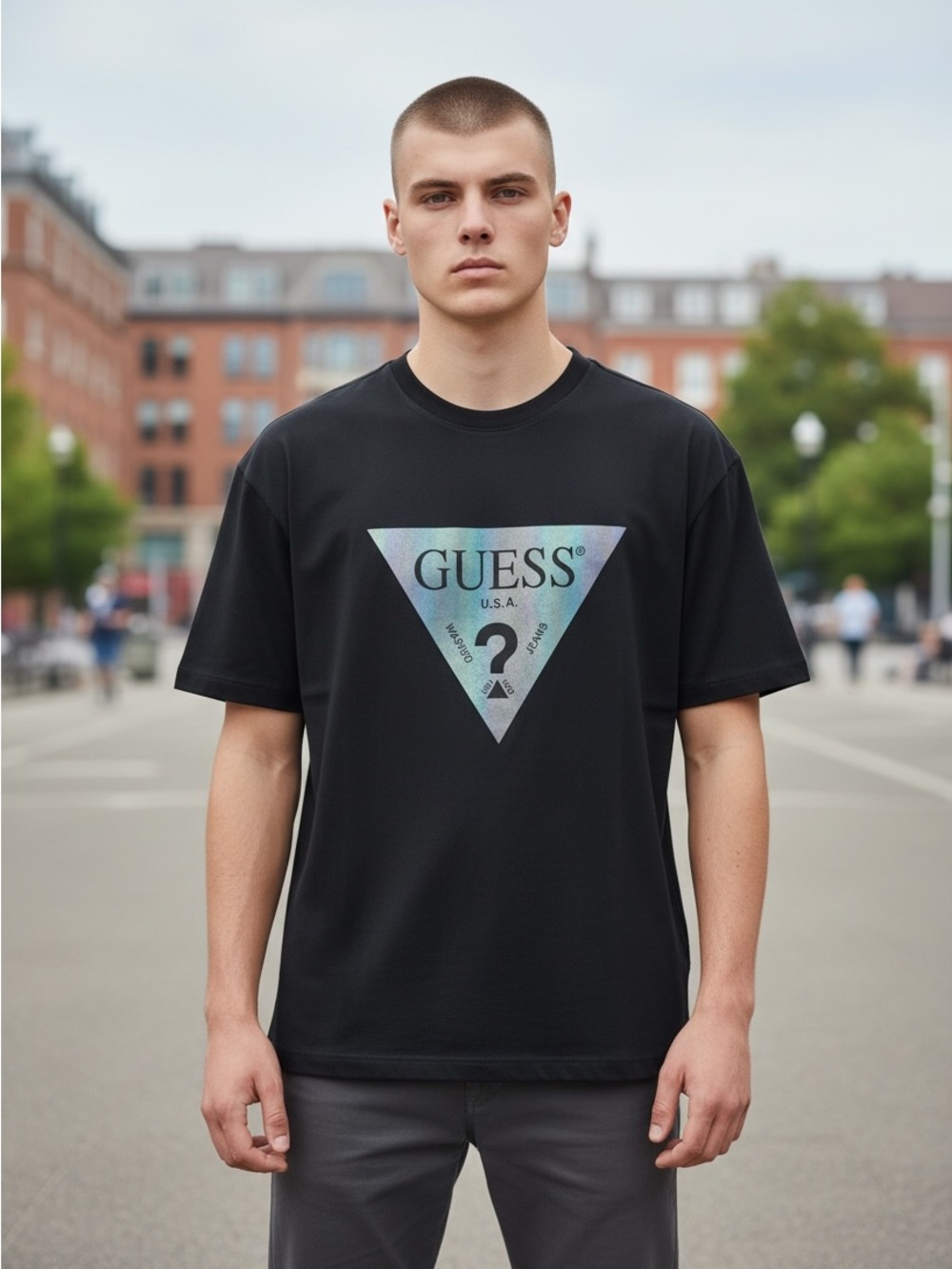 GUESS Black Short-Sleeve Tee with Holographic Triangle Logo